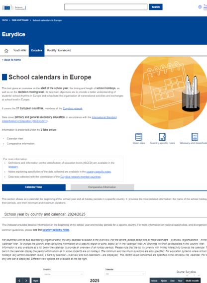 Webový nástroj - School calendar in Europe