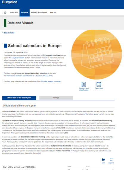 Webový nástroj - School calendar in Europe